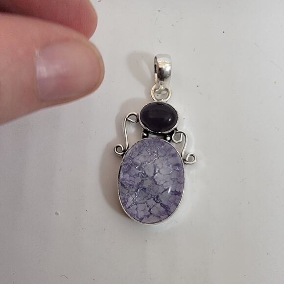 Handmade Silver Pendant with Crackled Amethyst and Deep Purple Gem - Picture 7 of 10